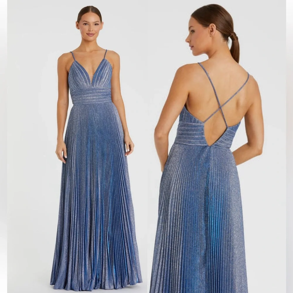 Mac DUGGAL Pleated Empire-Waist Long A-Line Dress 30725 Blue/Silver - Picture 1 of 14
